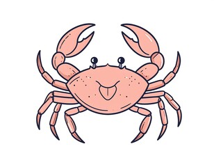 Fototapeta premium A cartoon crab with pink body and claws, smiling with its tongue sticking out, and simple black outlines on a white background