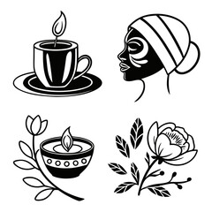 Four black silhouette icons spa relaxation and beauty