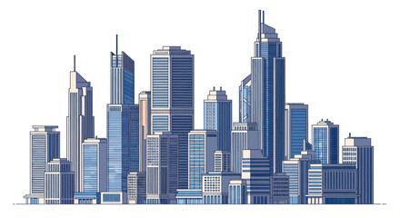 Fototapeta premium Modern Cityscape with Skyscrapers and High-Rise Buildings Against a White Background.