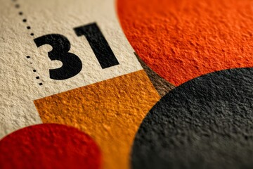 Macro of printed calendar date 31 on textured paper, bold black typography with orange, red, and black geometric shapes abstract design suggesting October Halloween.