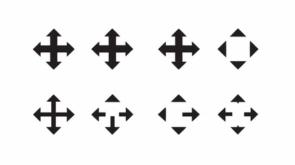 Various black arrow icons pointing in different directions arranged on a white background in rows and columns | editable eps vectors silhouette