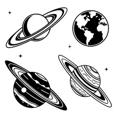 Four black silhouette vector designs of planets and stars 4