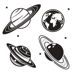 Four black silhouette vector designs of planets and stars