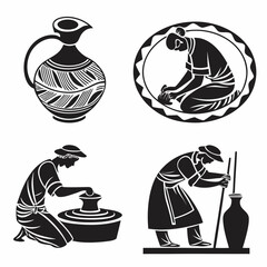 Four black silhouette vector designs of pottery making