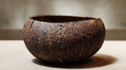 Ancient Wooden Bowl Rustic Dark Brown with Textured Surface in Neutral Background