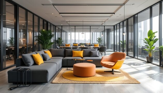 Modern office lounge with grey sectional sofa and orange accent chair. Comfortable seating area with tables, rug, plants and city view. Workspace design promotes relaxation and collaboration.