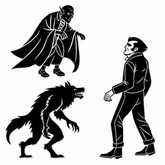 Black silhouette vector designs of vampire werewolf and man