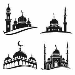 Four black silhouette mosque designs with domes and minarets © MD MOGAMMEL HAQUE 