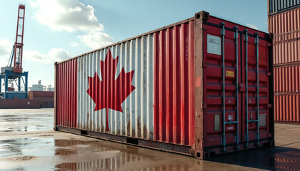 Weathered shipping container prominently displaying Canadian flag sits at busy port terminal. Large industrial crane, many stacked cargo containers fill background. Image represents global trade,