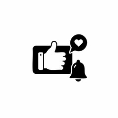 Obraz premium Social media engagement icons showing a thumbs up for like, a heart for love, and a bell for subscribe notifications.