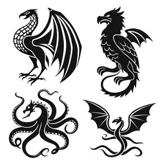 Four black silhouette mythical creatures on white background 2
