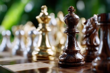 Fototapeta premium Chess pieces on a wooden board reflect strategic thinking in an outdoor setting