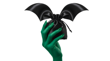 Green hand holding a black gift bag with ribbon isolated on transparent background