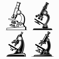 Four black silhouette vector designs of microscopes