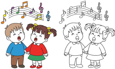 Happy Kids Singing with Musical Notes - Vector Illustration for Children's Choir and Music Education