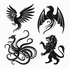Four black silhouette vector designs of mythical creatures