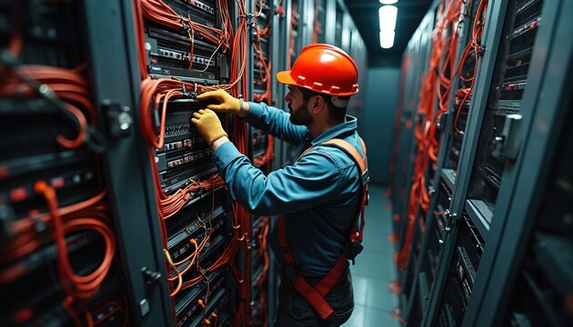 Technician works in server room connecting many orange cables to racks. Man wears hard hat and gloves for safety. Tech performs IT maintenance in data center.