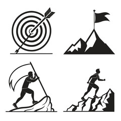 Fototapeta premium Four black silhouette vector graphics of achievement and effort