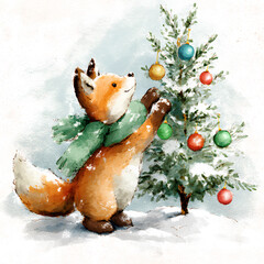 Cute fox decorating a snowy Christmas tree with colorful ornaments in a winter setting
