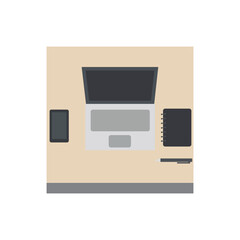 Top view of a laptop smartphone notebook and pen