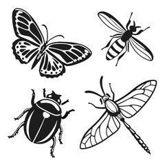Four black insect silhouettes butterfly beetle dragonfly wasp
