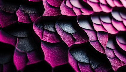 Close up macro shot of iridescent dragon scales in vibrant pink and black colors