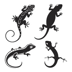 Naklejka premium Four black lizard silhouettes with decorative patterns