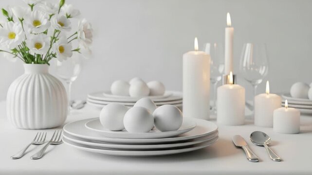 Elegant easter table setting with white eggs and flowers