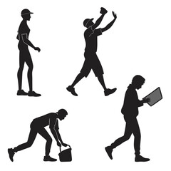 Four black silhouette figures in various poses white background