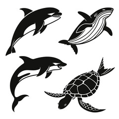 Four black silhouette marine animals orcas whale turtle