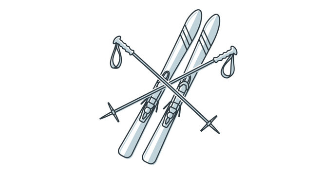 A hand-drawn black and white illustration of crossed alpine skis and ski poles.