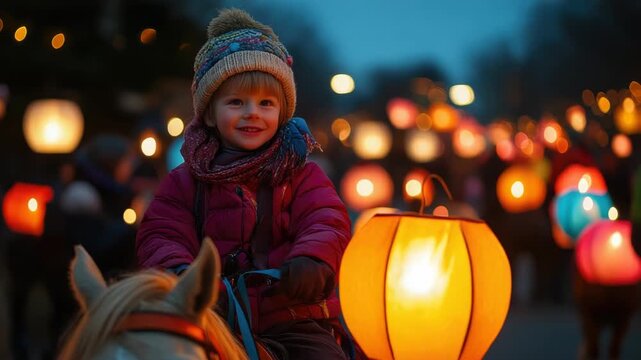 Happy child riding white horse and carrying handmade paper lantern during traditional Saint Martin evening procession, celebrating feast day of Saint Martin of Tours