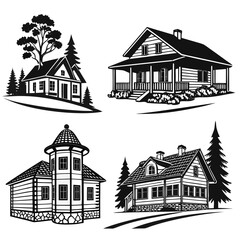 Four black silhouette vector designs of houses and trees 2