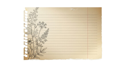 A piece of beige lined notebook paper with a floral botanical sketch on the left margin, torn right edge, realistic shadow, soft natural light, vintage stationery design, isolated element