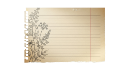 A piece of beige lined notebook paper with a floral botanical sketch on the left margin, torn right edge, realistic shadow, soft natural light, vintage stationery design, isolated element