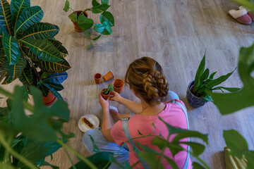 A woman surrounded by several houseplants. 