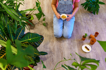 A woman surrounded by several houseplants. 