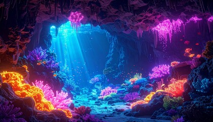Obraz premium Glowing Coral Cave with Colorful Bioluminescent Fish