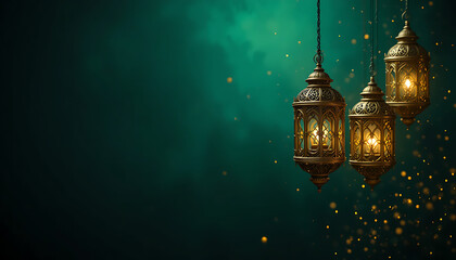 Ornate islamic lanterns glow with warm light on a dark teal background