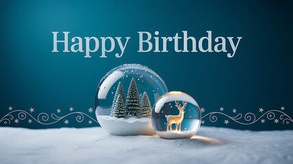Winter birthday greeting with snow globes and festive decorations