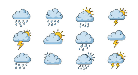 A collection of twelve cartoon weather icons featuring clouds and various atmospheric phenomena like rain lightning and sunshine.