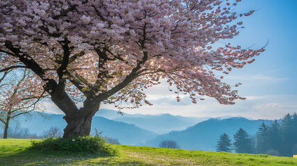 Beautiful cherry blossom tree in spring landscape with mountain view