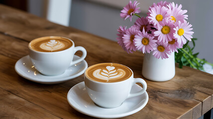 Two cups of hot latte coffee with beautiful foam art and pink daisies on wooden table