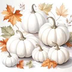 White pumpkins and autumn leaves