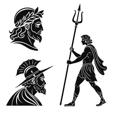 Black silhouette vector designs of greek gods zeus