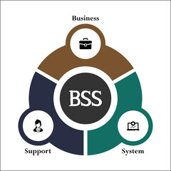 BSS - Business support system acronym. Infographic template with icons and description placeholder