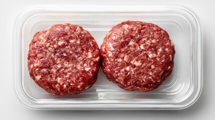 Raw minced beef hamburger patties neatly packaged in a clear plastic container, ready for cooking and emphasizing fresh, protein rich meat for a healthy meal preparation