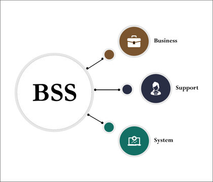 BSS - Business support system acronym. Infographic template with icons and description placeholder