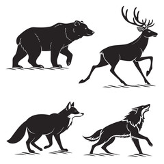 Four black silhouette forest animals on white background