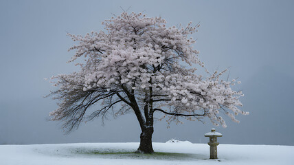 Beautiful cherry blossom tree covered in snow on a peaceful winter day
